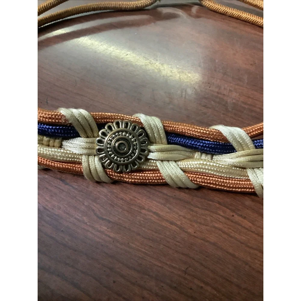 Vtg 80s Waist Belt Women Khaki Brown GoldBraided Multicolor Braided Stretch